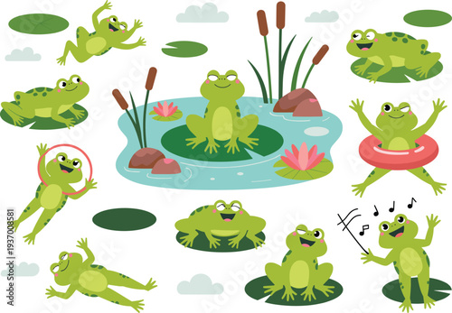 Cute green frog cartoon set, funny frog characters, pond animals, jumping frog illustration, lily pad, kids nature clipart, playful amphibian
