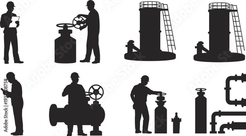 Industrial worker silhouettes collection, pipeline valve operator engineer equipment maintenance illustration set isolated bundle pack
