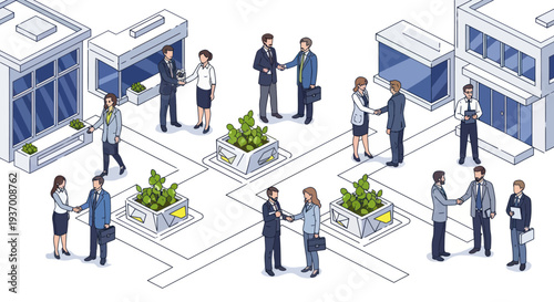 Business Network: People Shaking Hands in Isometric Office Buildings and Green Spaces