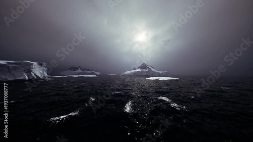 Gloomy iceberg framed by choppy sea, distant peak piercing low clouds, shimmering wet surfaces catching faint light, leaden sky and cold gusts, mood of tension