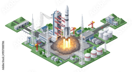 Rocket Launchpad Isometric View: Spacecraft Ascent from Industrial Complex