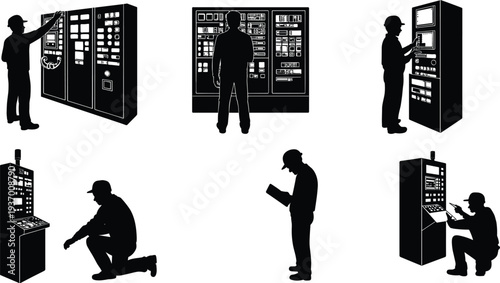 Industrial technician silhouettes operating electrical control panels, factory automation maintenance inspection engineering workflow illustration vector