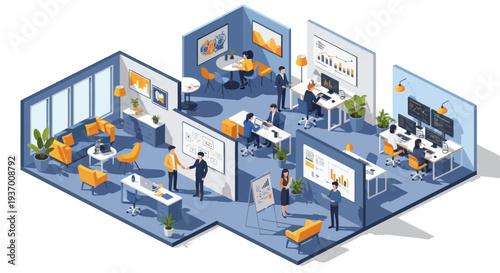 Modern Isometric Office Space with People Working, Meetings, and Presentations