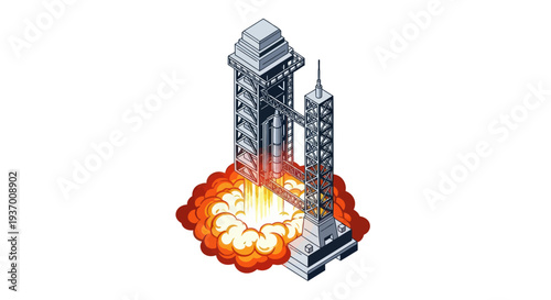 Pixel Art Rocket Launch From Launchpad with Fire and Smoke