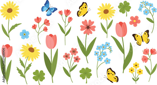 Large collection of spring flowers and butterflies including tulips daisies forget me nots and four leaf clovers isolated on white background for garden design vector
