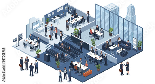 Isometric Office Building with Diverse Business People Working and Meeting