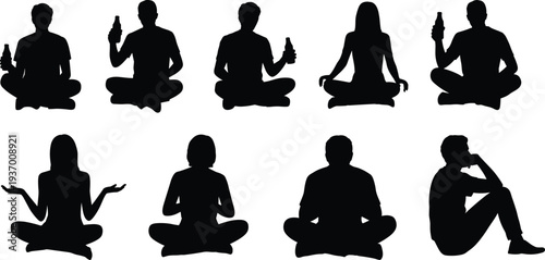 Meditation silhouettes collection, people sitting cross legged isolated on white background for relaxation lifestyle concepts design