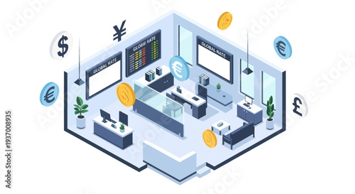Isometric Financial Trading Room with Currency Symbols and Digital Screens