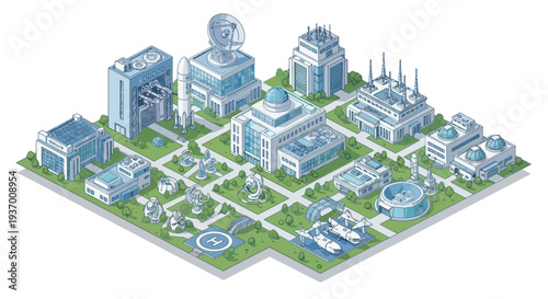 Futuristic Cityscape Isometric View: Modern Buildings, Rocket, Airport, Green Spaces