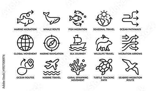 Symbols of marine and wildlife migration: icons of travel paths and global movement