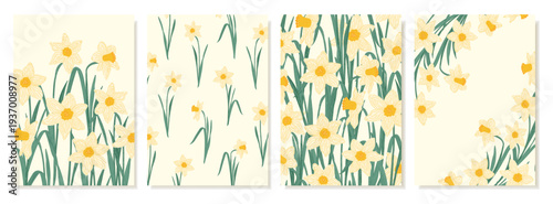 Set of Spring Postcards with Colorful White Daffodils with Hand Drawn Leaves. Floral Botanical Backgrounds for Mother's Day cards, International Women's Day Postcards, Garden Brochures, Easter decor
