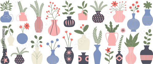 Minimalist decorative vases with flowers and plants collection, modern flat vector illustration of botanical arrangements in stylish ceramic pots