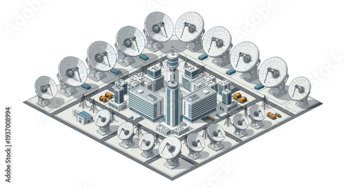 Satellite dish array surrounding a futuristic communication center with modern buildings