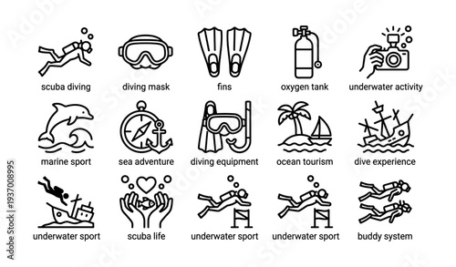 Scuba diving essentials: gear icons for marine and underwater activities