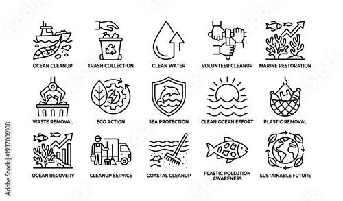 Environmental conservation icons: ocean cleanup and eco action efforts