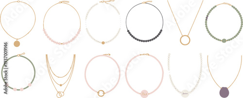 Minimalist necklace jewelry collection, elegant gold chains and beaded necklaces set, modern feminine accessories isolated on white background
