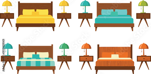 Modern bedroom furniture set featuring various double beds with colorful pillows and matching wooden nightstands with bedside lamps isolated on white background.