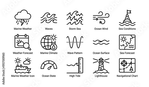 Marine weather icons: waves, storms, ocean winds, sea conditions, navigation
