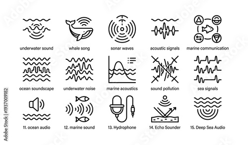 Marine acoustics icons: whale song, sonar waves, hydrophone, sound pollution