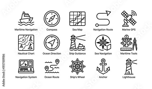 Maritime navigation tools and symbols: compass, nautical chart, gps, anchor, lighthouse
