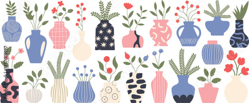 Modern decorative vases with botanical plants collection, minimalist flat vector illustration of flowers and leaves in colorful ceramic pots