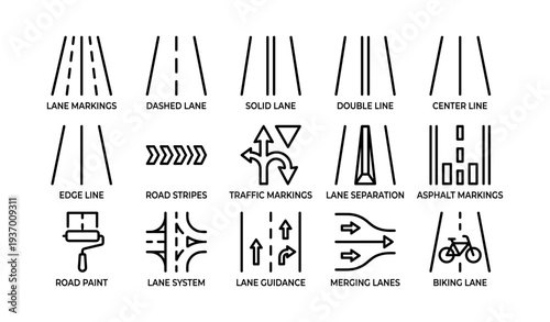Road marking icons: lane, dashed, solid, double lines, traffic signs