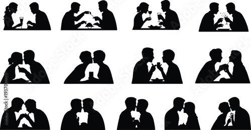 Romantic couple silhouettes collection, love relationship dining kissing dating black vector illustration set