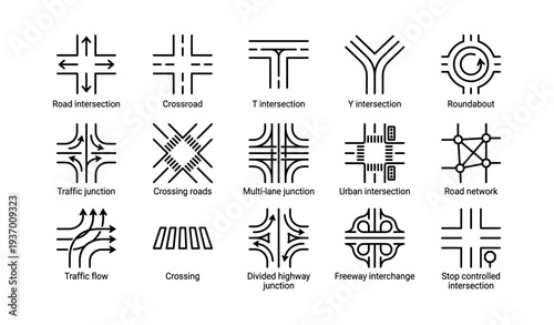 Various road and traffic intersection icons: crossroad, roundabout, highway