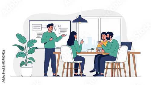 Three People Discussing in Modern Office.