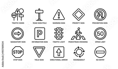Black and white assorted traffic signs collection