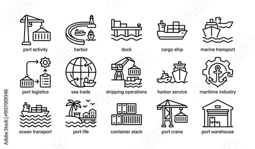 Port activity icons depicting cargo ship, dock, crane, logistics, trade, marine transport, harbor, maritime industry