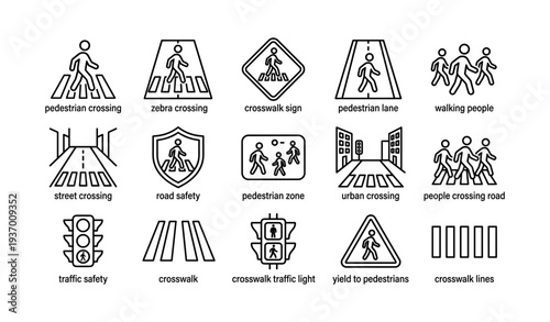 Pedestrian crossing and safety sign icons for urban roadways