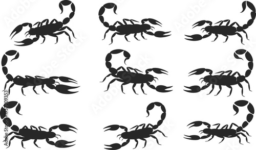 Scorpion silhouettes collection, venomous arachnid insect isolated black desert predator illustration clipart set bundle