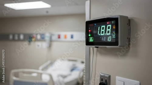 Medium shot of specialized negativepressure isolation room interior showing pressure monitor on the wall in clear focus and blurred patient bed