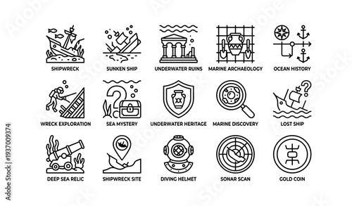 Maritime history icons: shipwrecks, exploration, and underwater archaeology
