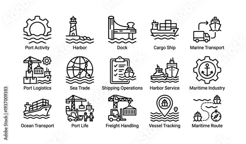 Maritime icons: port, harbor, cargo ship, logistics operations, sea trade