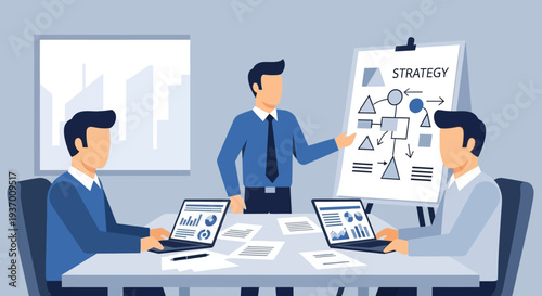 Businessmen Discussing Strategy in Meeting Room.