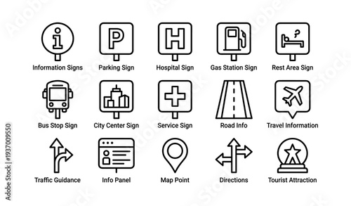 Set of road and facility icons: information, parking, hospital, gas station, rest area, travel, guidance