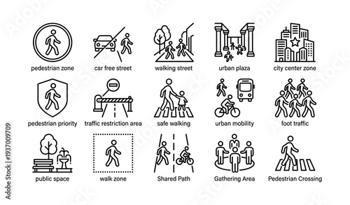 Urban pedestrian pathways and traffic regulations icons set