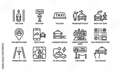 Urban taxi services icons for transport and ride pickup systems