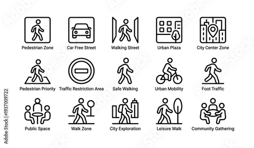 Urban icons depicting pedestrian zones and city spaces