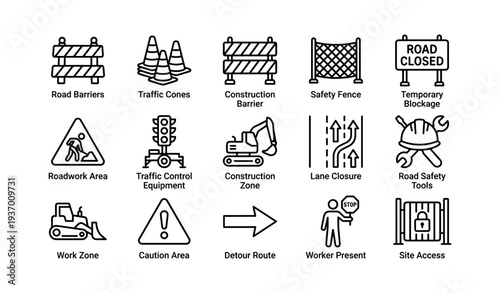 Road safety icons featuring barriers, cones, safety fence, and traffic equipment