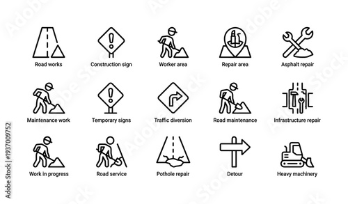 Road work and repair icons: safety signs and machinery symbols