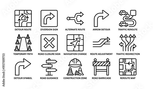 Traffic detour and reroute icons collection for road navigation and adjustment