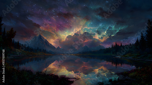 Starry night mountain lake landscape