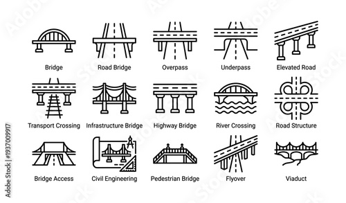 Bridge and road infrastructure icons: overpass, underpass, viaduct, pedestrian bridge
