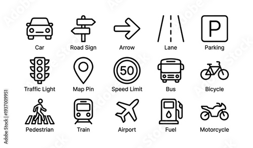 Transportation symbols: car, road sign, arrow, lane, parking, traffic light, map pin