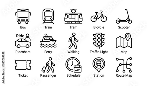 Public transportation icons: bus, train, tram, bicycle, scooter, and more