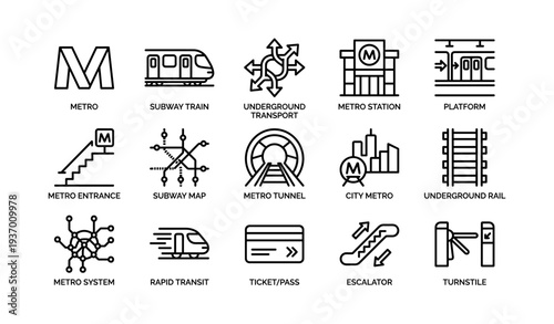 Metro icons collection: train, station, ticket, escalator, turnstile
