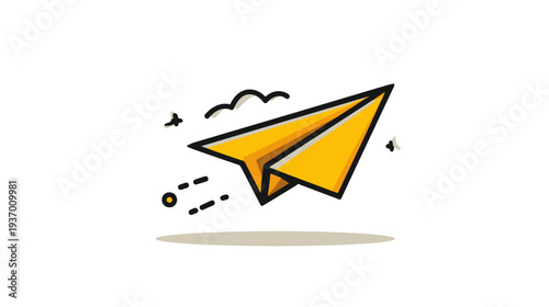 A yellow paper airplane in flight with decorative elements against a white background